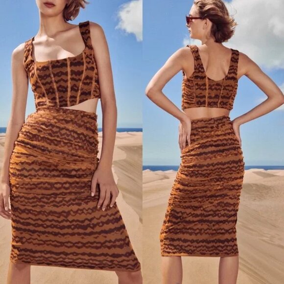 Zara TULLE PENCIL MIDI SKIRT High-waist w/ Elastic Waistband BROWN SIZE Small - Picture 2 of 6